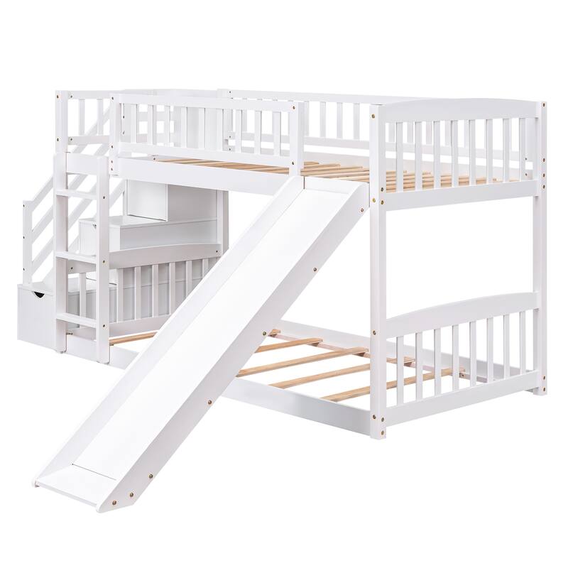 Twin over Twin Bunk Bed with Drawers, Slide and Stairs, White - No Box Spring Needed