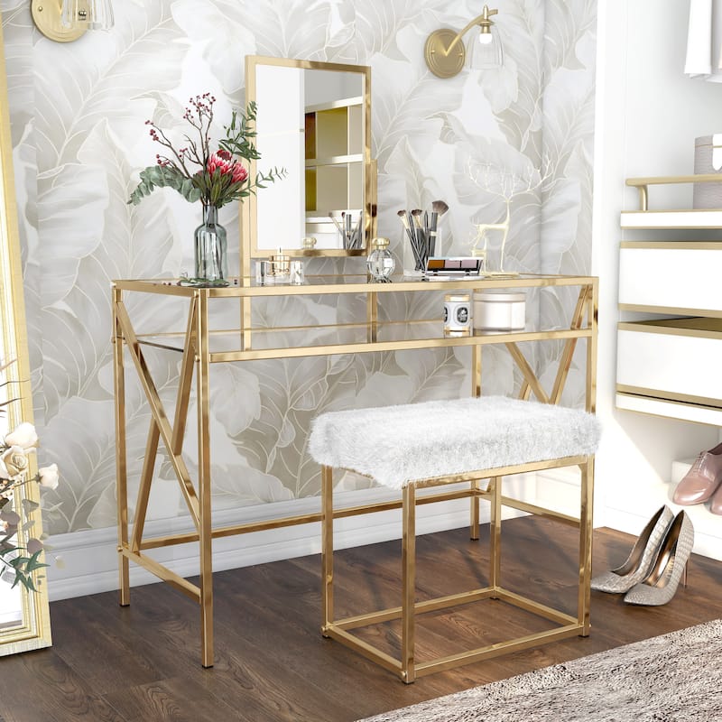 Furniture of America Davila Glam Metal 3-Piece Makeup Vanity Set with Mirror and Bench