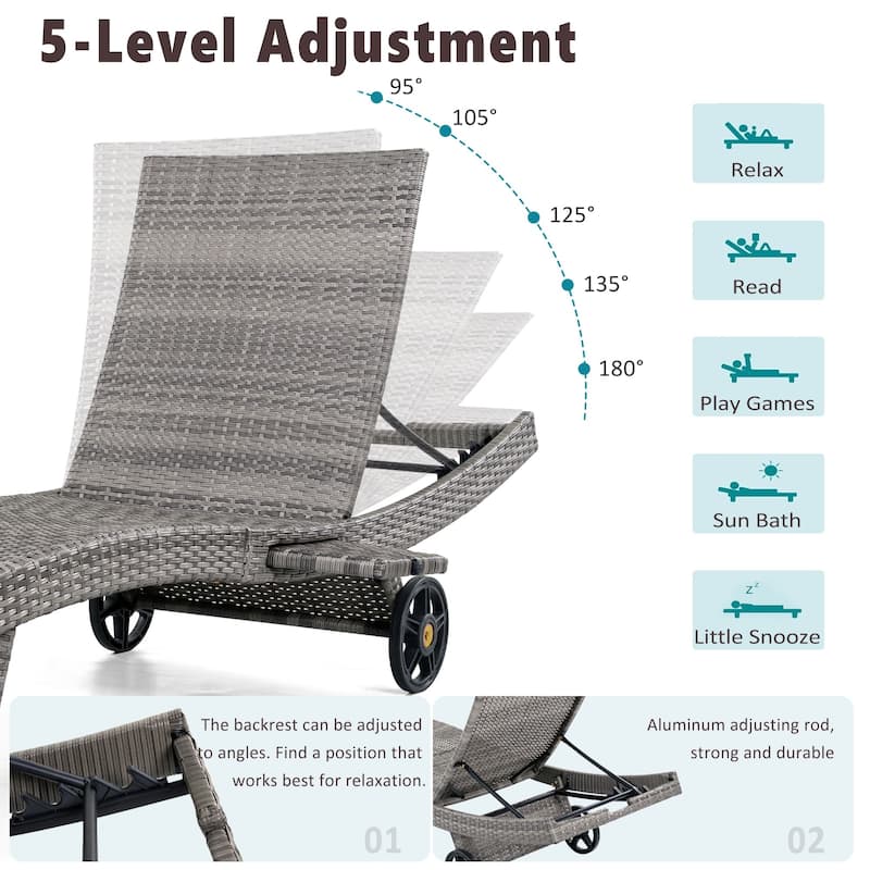 80"Patio Chaise Lounge Chairs Set of 2, Rattan Reclining Chair w/Rolling Wheels & Pull-out Side Table, Adjustable Backrest