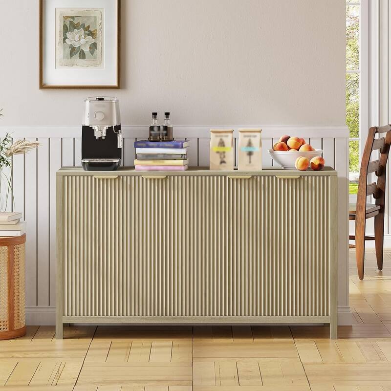 Modern Large Fluted Sideboard Buffet Cabinet , 4 Doors & Adjustable Shelves, 55" Wood Accent Cabinet - Brown