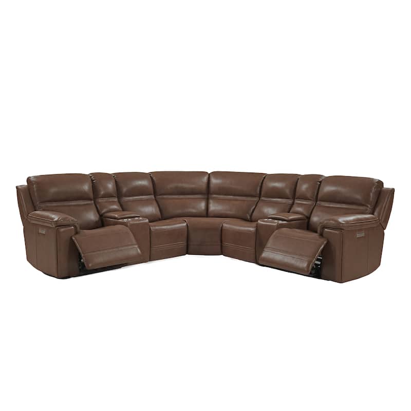 7PCS, 2 power Recliners, Dual-Power Genuine Leather Reclining Sectional with Console, Zero Gravity