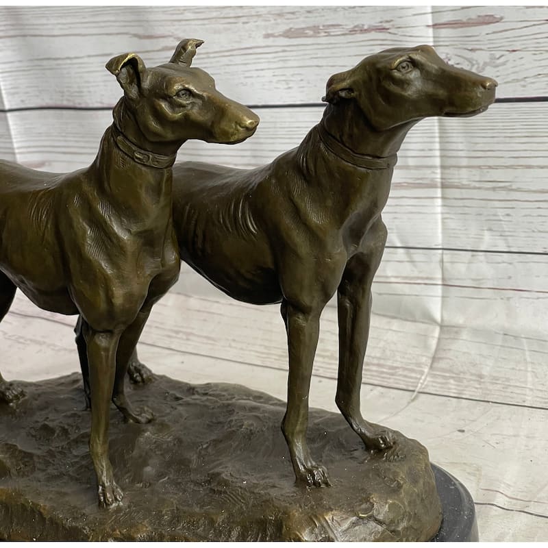 Pair Of Greyhounds - Two Slender Racing Dogs Handmade Bronze Sculpture By Fremiet