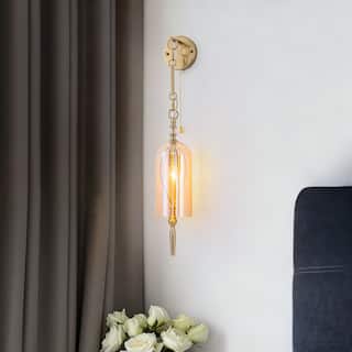 1-Light Vintage Gold Wall Sconce with Amber Glass Shade Retro Fixture