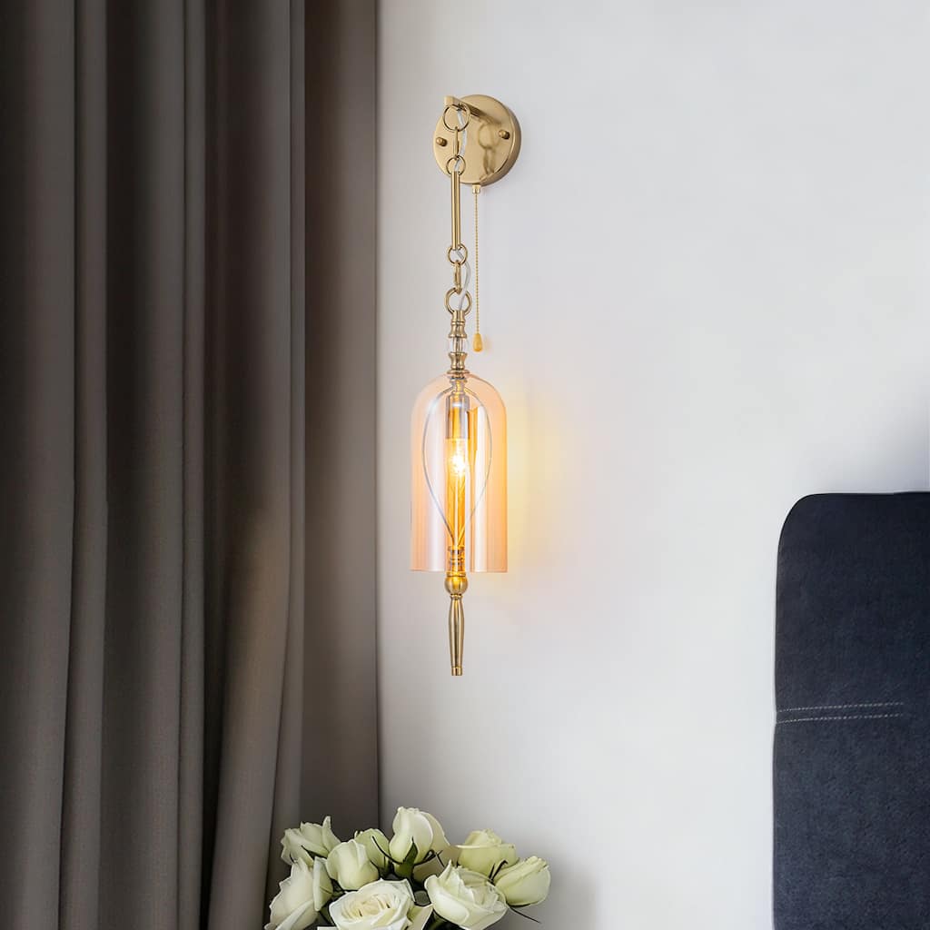1-Light Vintage Gold Wall Sconce with Amber Glass Shade Retro Fixture