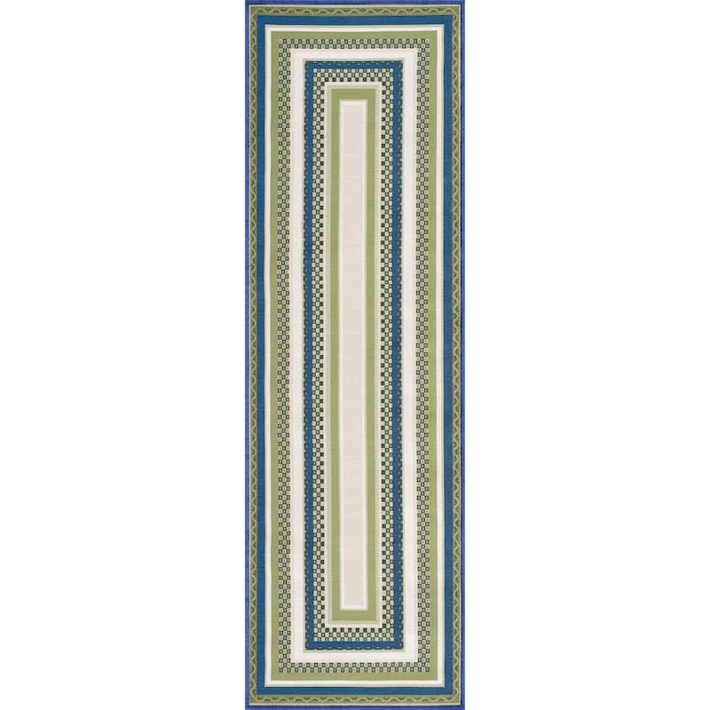 Sizzling Nautical & Coastal Striped Border Indoor/Outdoor Area Rug