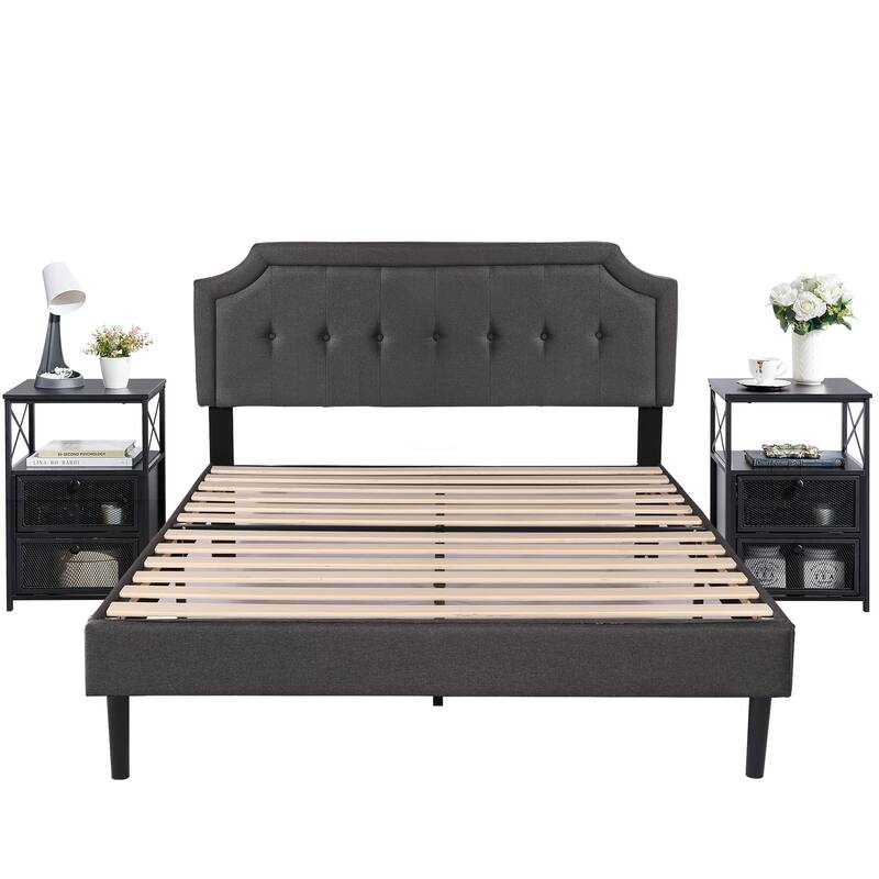 VECELO 3-pieces Height Adjustable Tufted Upholstered Bed Frame and Modern Nightstand Sets - Black Nightstands - Queen