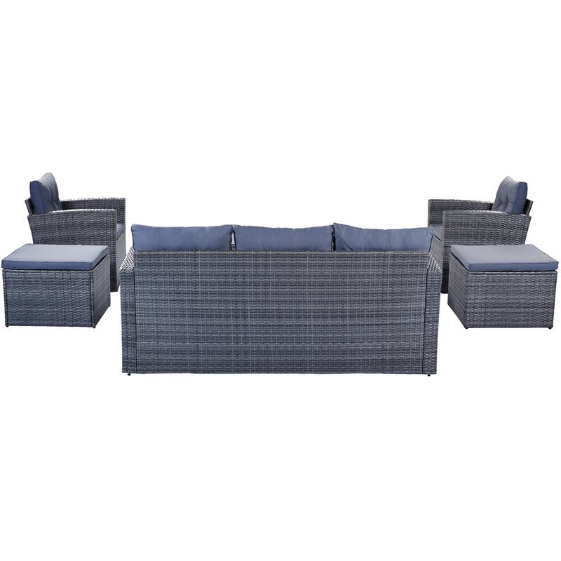 6-Piece Rattan Conversation Sofa Set with Table & Ottomans
