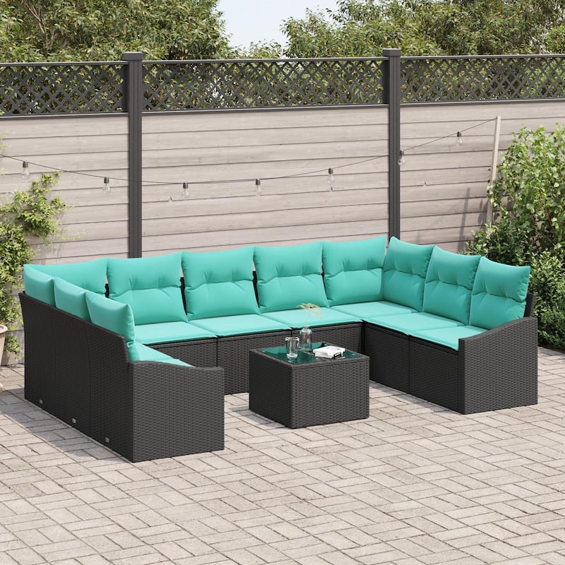 vidaXL 10 Garden Sofa Set with Cushions Black Poly Rattan - 113.8 x 70.3 x 27.2