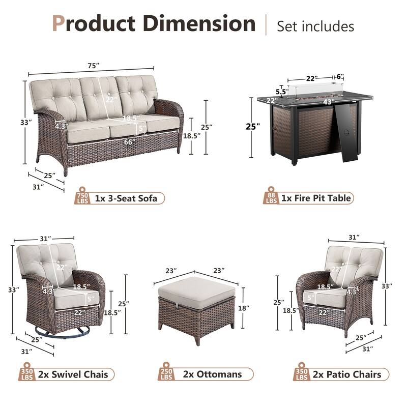 Pocassy Outdoor 43 In Fire Table with Sofa Swivel Patio Chair Set