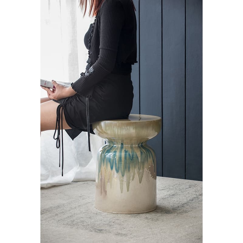 Coastal Style Ceramic Garden Stool - 18" - Green and Taupe Brown
