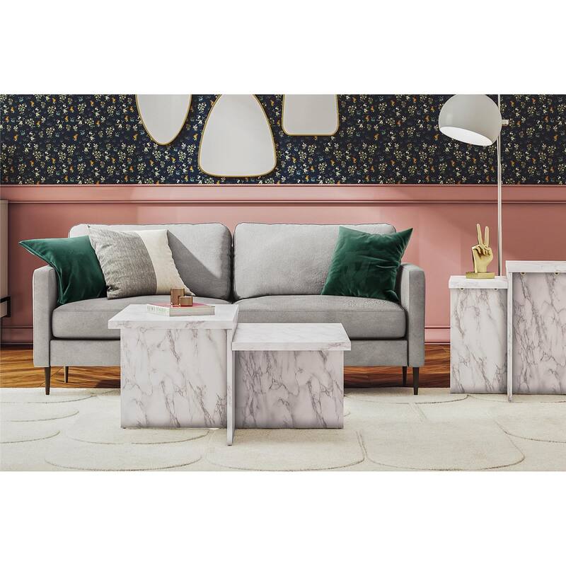 Roomfitters Brielle Square Two-Tier Coffee Table with Faux Marble Finish, Modern Design, White