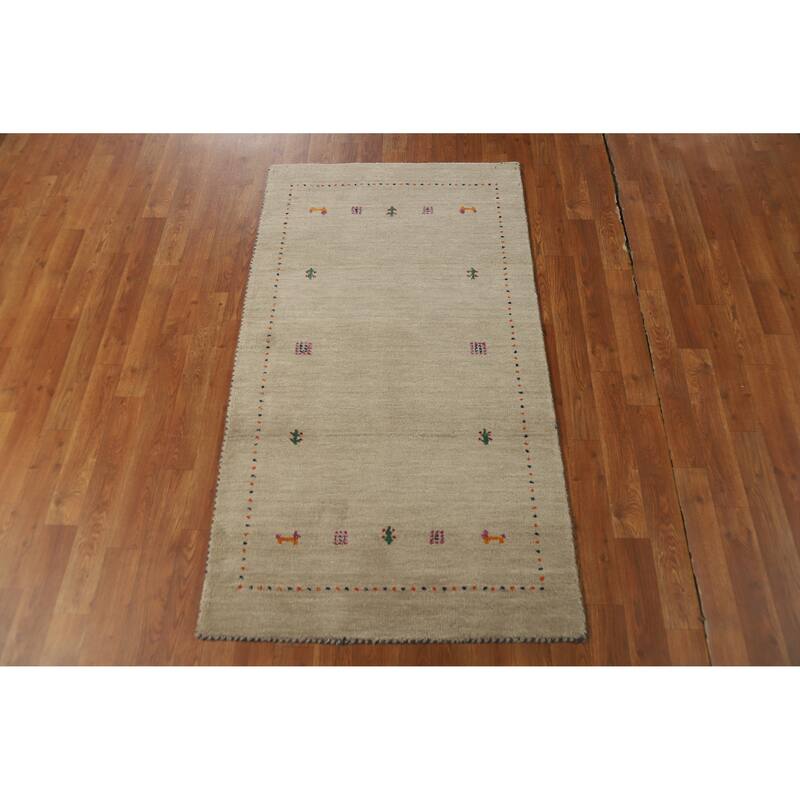 Hand Knotted Oriental 100% Wool Carpet Tribal Animal Pictorial Beige & Ivories Gabbeh Area Rug - 4' 10'' X 2' 9''
