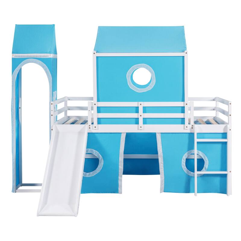 Twin/Full Size Kids Loft Bed with Slide and Tent, House Loft Bed with Tower and Ladder, Wood Loft Bed Playhouse Bed Frame
