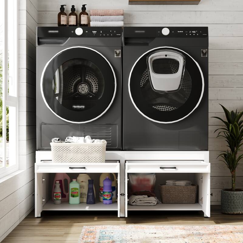 Versatile White Washer Cabinet & Bathroom Cabinet：Spacious Countertop and Storage