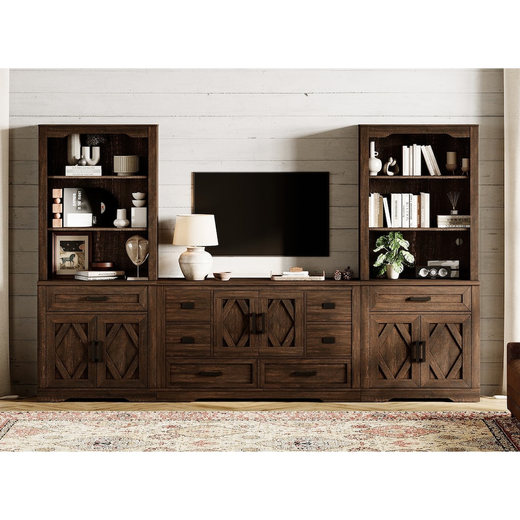 Farmhouse TV Stand - 6-Drawer Media Console & Elegant Dual Barn Door Bookshelves with Spacious Storage Tiers for 60" TVs