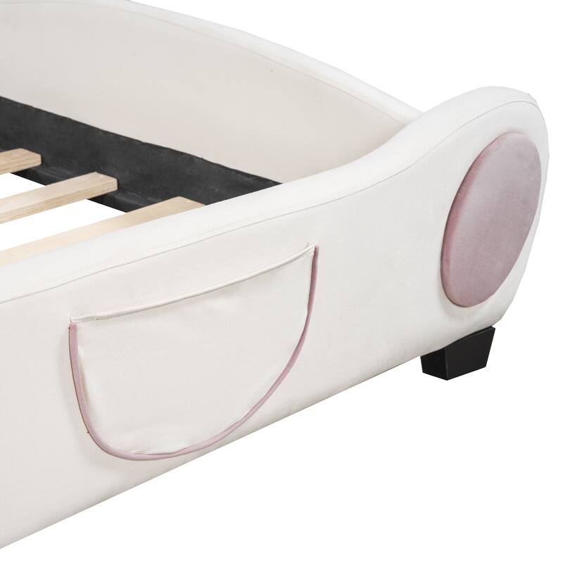 Twin Velvet Upholstered Bed with Bear Headboard and Bed-End Storage Pockets - Perfect for Kids' Rooms