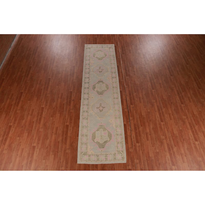 Hand Knotted Oriental 100% Wool Carpet Transitional Geometric Greys & Charcoal Oushak Runner Rug - 12' 11'' X 3' 5''