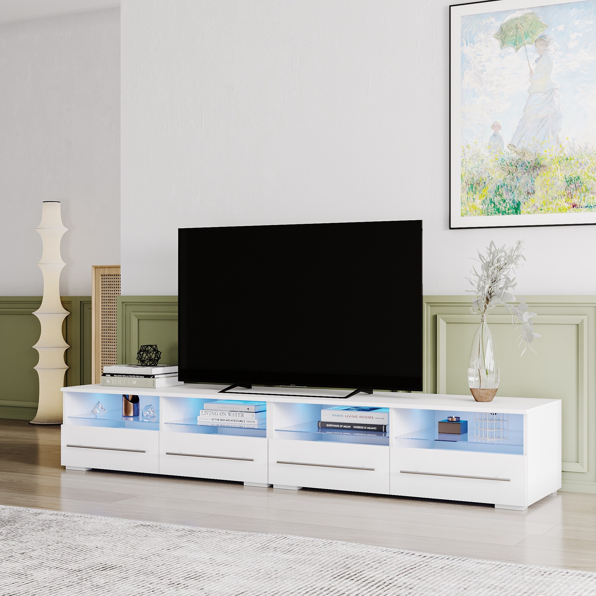 Milano white tv stand store with led lights