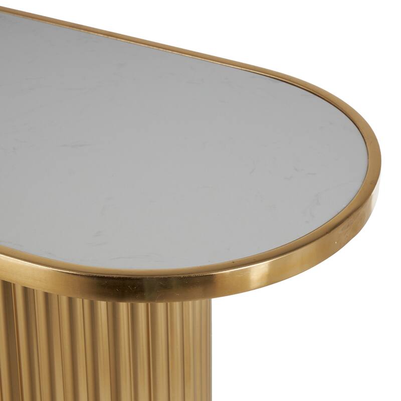 Metal Oval Console Table with White Marble Tabletop and Ribbed Legs - Gold - Roche River Decor - 15"W x 47"L x 31"H