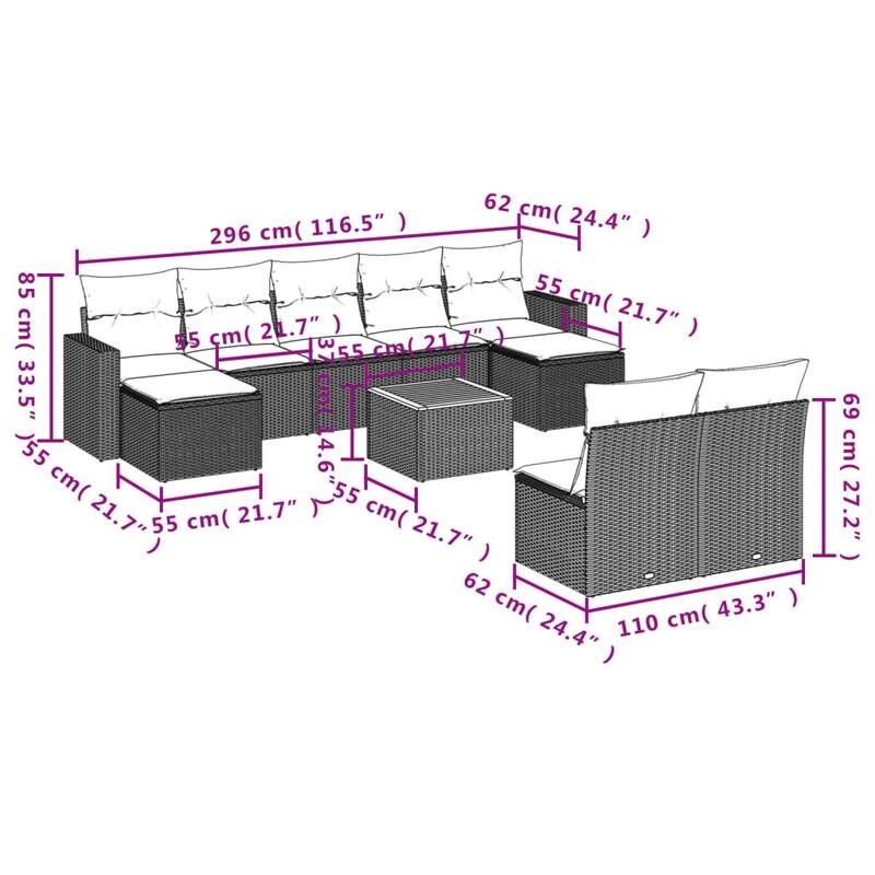 vidaXL 10 Piece Patio Sofa Set with Cushions Grey Poly Rattan - 21.7" x 24.4" x 27.2"