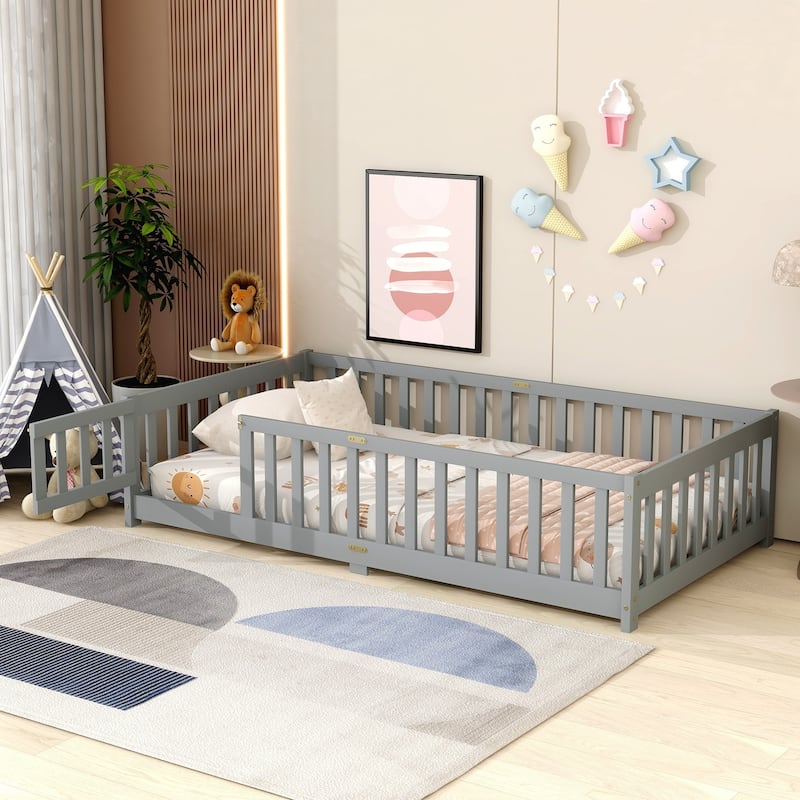 Twin Size Floor Bed with Fence and Door,Rubber Wood Floor Bed with Safety Guardrails - Grey - Twin