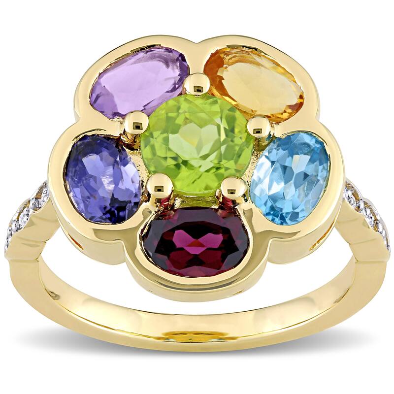 Multi-color Gemstone and Diamond Accent Composite Flower Ring in Yellow Plated Sterling Silver by Miadora