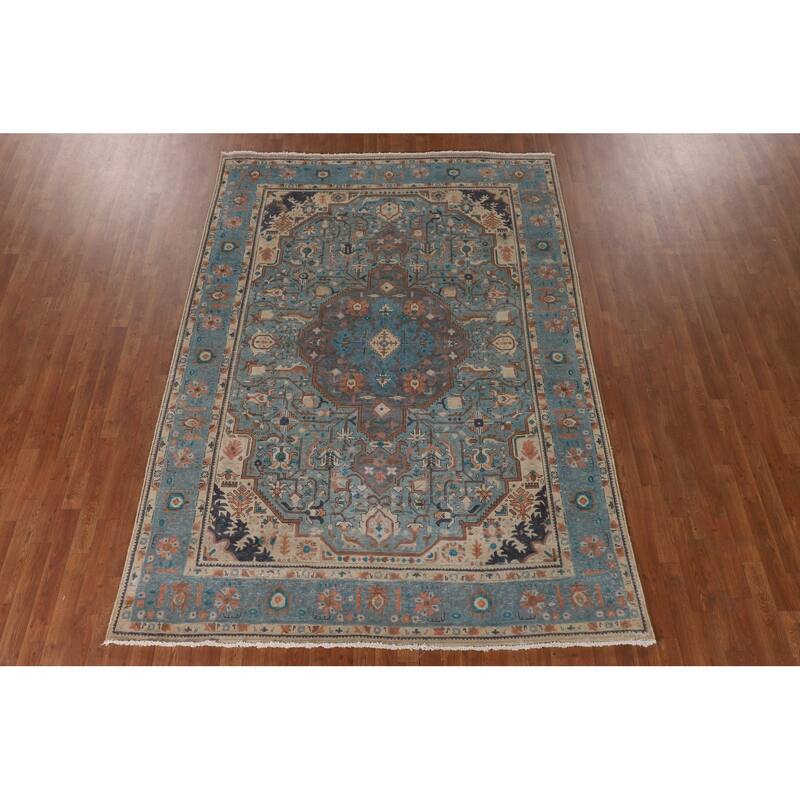 Over-Dyed Blue Tabriz Persian Vintage Area Rug Handmade Wool Carpet - 6'10"x 9'8"