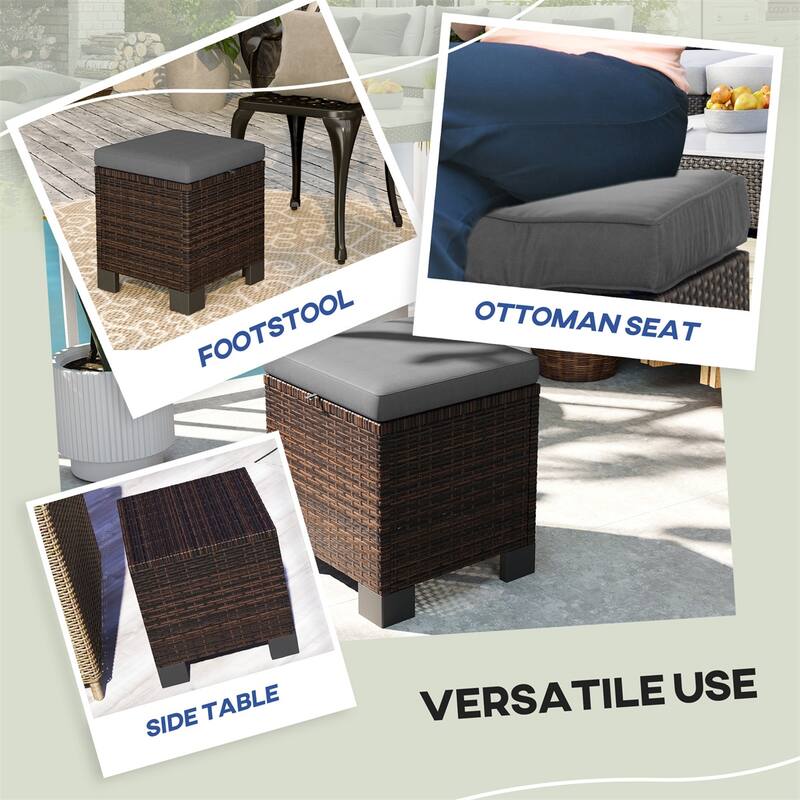 Set of 2 Outdoor Ottomans Wicker with Cushions Steel Frame for Patio Balcony Yard - 15.7" W x 15.7" D x 18.1" H