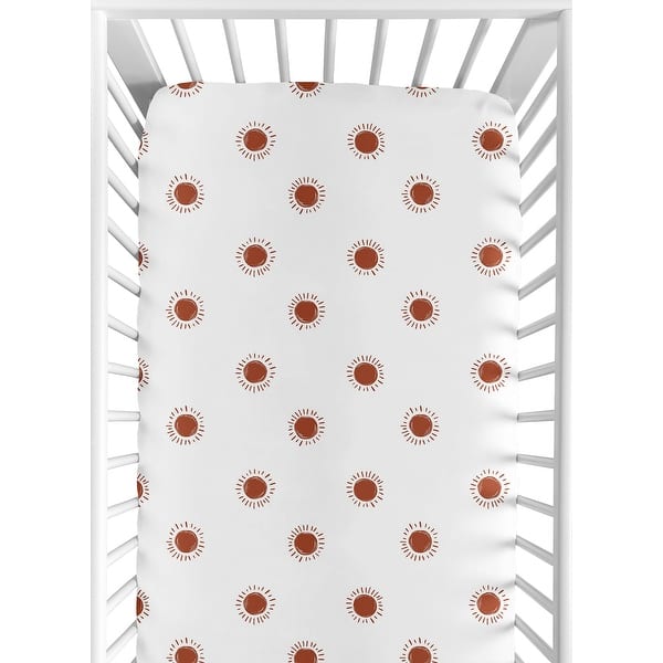 slide 2 of 6, White Rust Boho Sun Boy or Girl Fitted Crib Sheet - Orange Bohemian Celestial Sky Gender Neutral Desert Sunshine Outdoors Nature