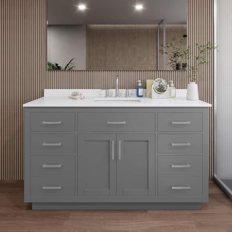 Wyndham Collection WCG262660S-QTZ-US3MXX Beckett TK 60" Free Standing - Dark Gray / White Quartz Top / Brushed Nickel