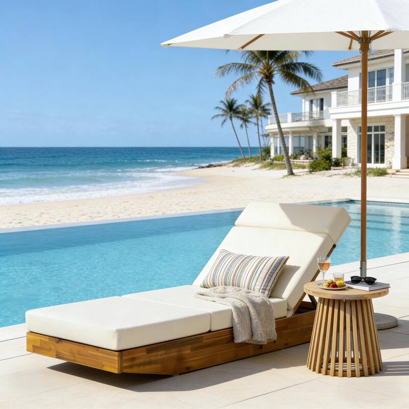 Christopher Knight Home - Outdoor Acacia Wood Chaise Lounge, Water-Repellent Cushion, Ergonomic Adjustable Headrest - 79.6"L