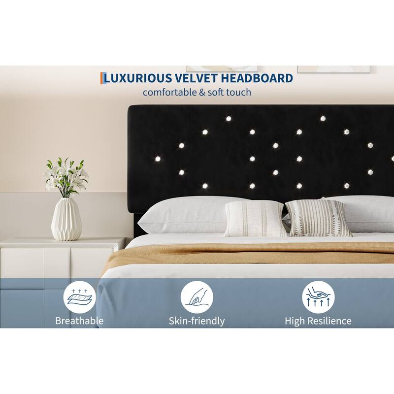 Bed Frames, Velvet Upholstered Bed Frame with Vertical Channel Tufted & Sturdy Wood Slats