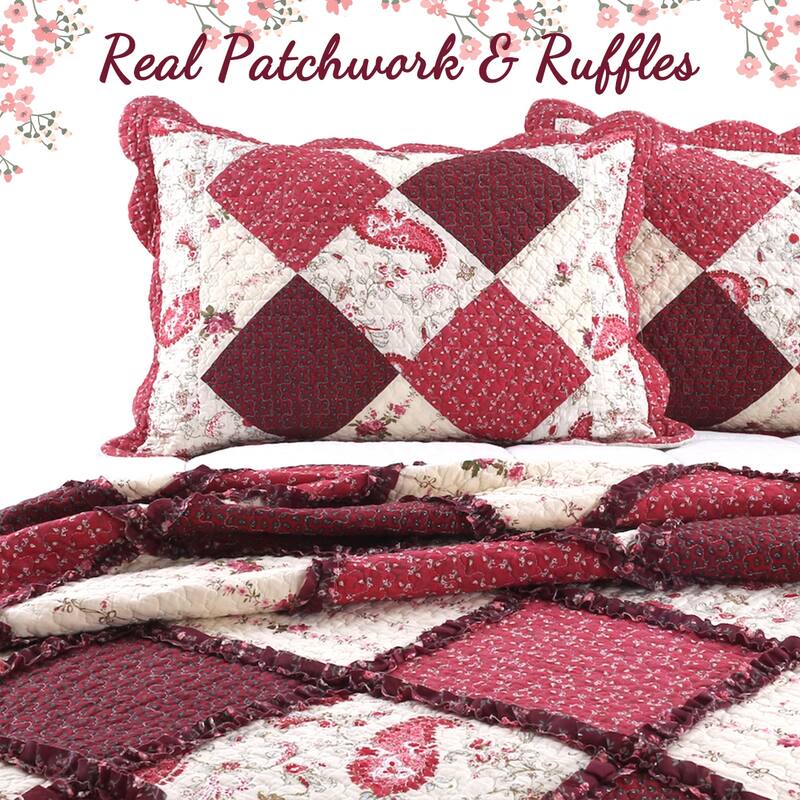 Annabel Heirloom Red Patchwork Floral Paisley 3-Piece Cotton Quilt Bedding Set