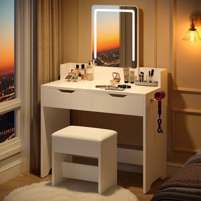 Bestier Vanity Set with Mirror and Lights,Vanity Desk with Drawers,Makeup Table with Light Modes & Hair Dryer Holde - White