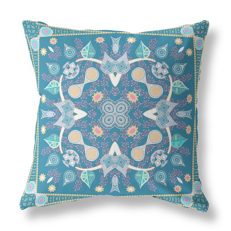 HomeRoots 26" x 26" Aqua Blown Seam Paisley Indoor Outdoor Throw Pillow - 26.00' X '5.00' X '26.00
