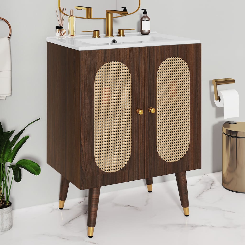 24" Rattan Boho Bathroom Vanity with Sink
