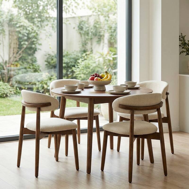 Wooden Dining Chairs Set of 2, Modern Fabric Upholstered Dining Room Chair with Curved Back, with Adjustable Foot Pads