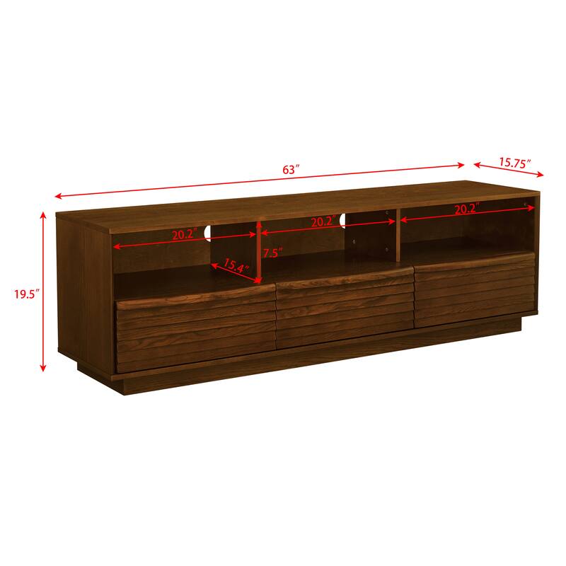 63" Mid-Century Modern TV Stand for TVs up to 75", Entertainment Center with 3 Solid Wood Drawers & Outlet Holes, Open Storage