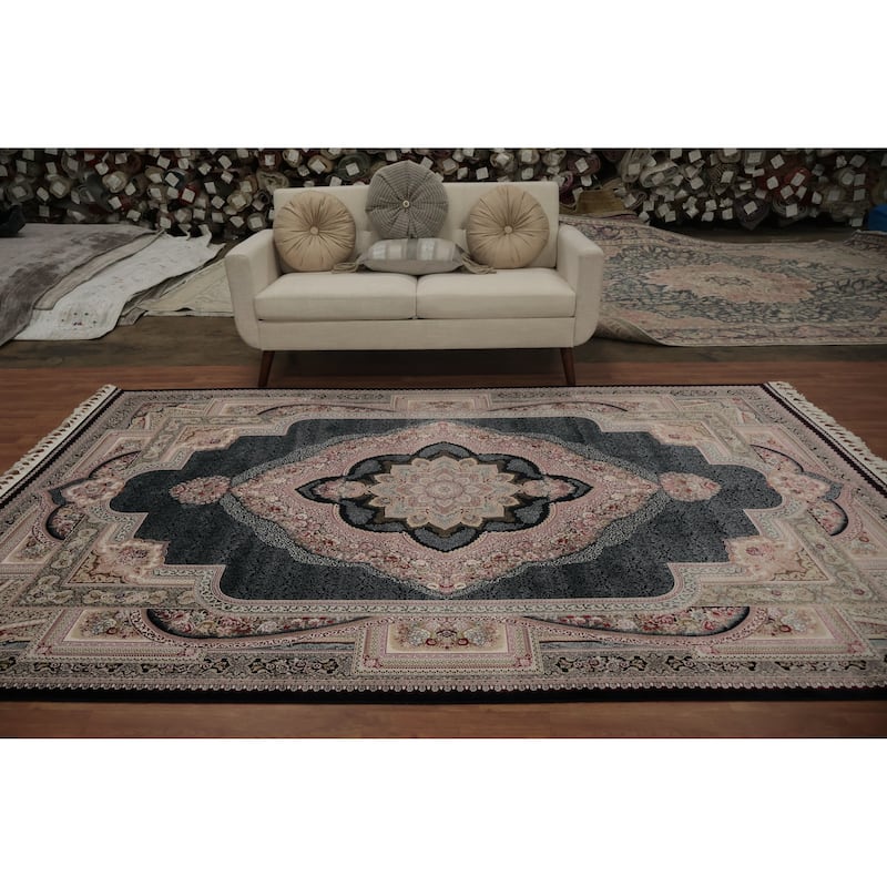 Machine Made Oriental 90% Silk - 10% Polyester Carpet Traditional Medallion Navy Blue & Blues Qum Area Rug - 9' 10'' X 6' 6''
