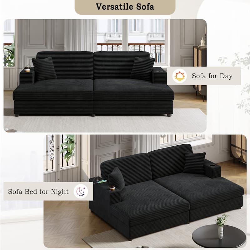 Corduroy Loveseat, Upholstered Deep Seat Sofa Lounge Couch Bed w2 Pillows and 2 Cup Holders 2 USB Ports Recliner Sofa