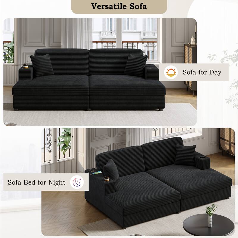 Roomfitters Oversized Loveseat Chaise Lounge Sectional Sofa Bed, Corduroy Sleeper with USB Ports, Cup Holders