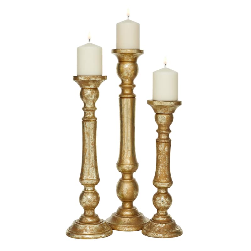 Mango Wood Candle Holder - Set of 3 Gold - Roche River Decor - 6"W x 6"L x 21"H