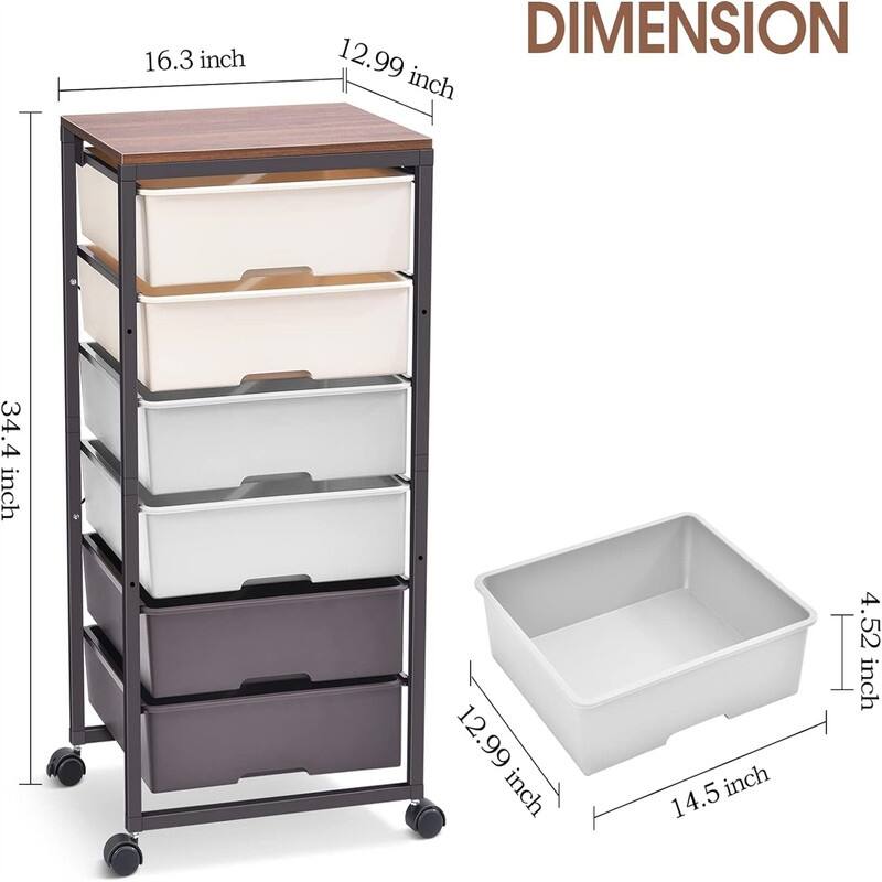 Rolling Storage Cart with 6 Drawers - 12.99"D x 16.3"W x 34.4"H