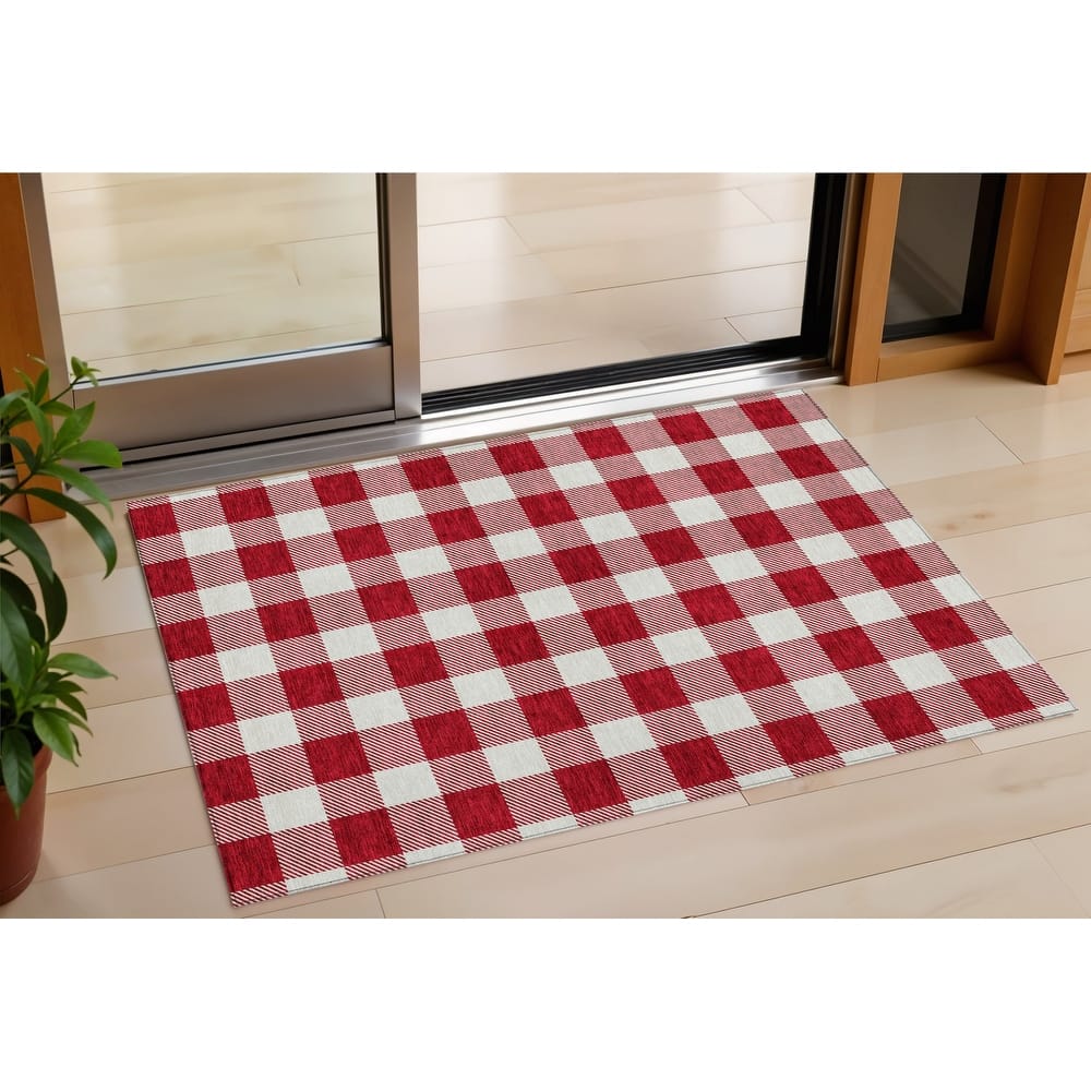 HomeRoots Plaid Transitional Rectangle Outdoor Rug