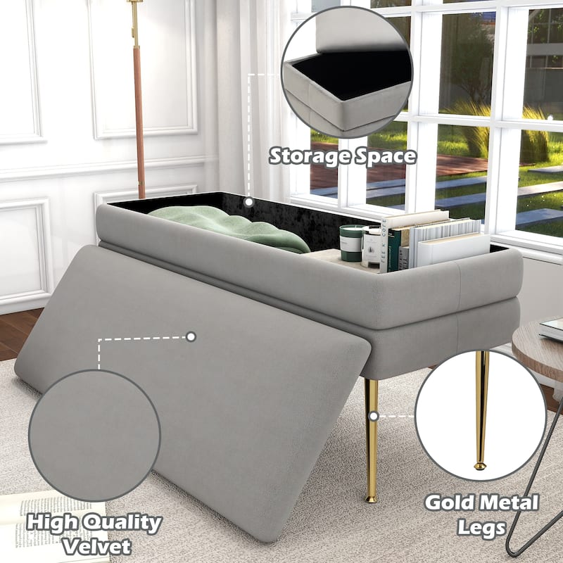 Velvet Storage Ottoman Bench with Metal Legs