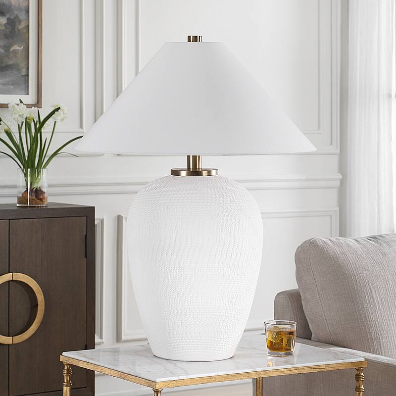 Hand Carved Glaze Textured Ceramic Table Lamp with Drum Shade - 33" - White
