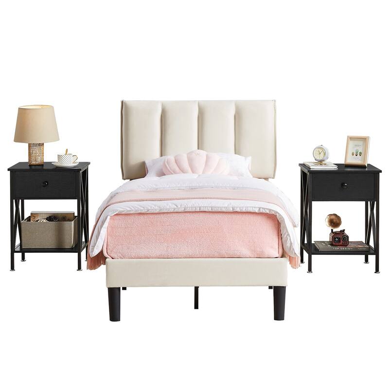 VECELO 3-Pieces Tufted Upholstered Beige Platform Bed Frame with Adjustable Height Headboard and Nightstands Set of 2