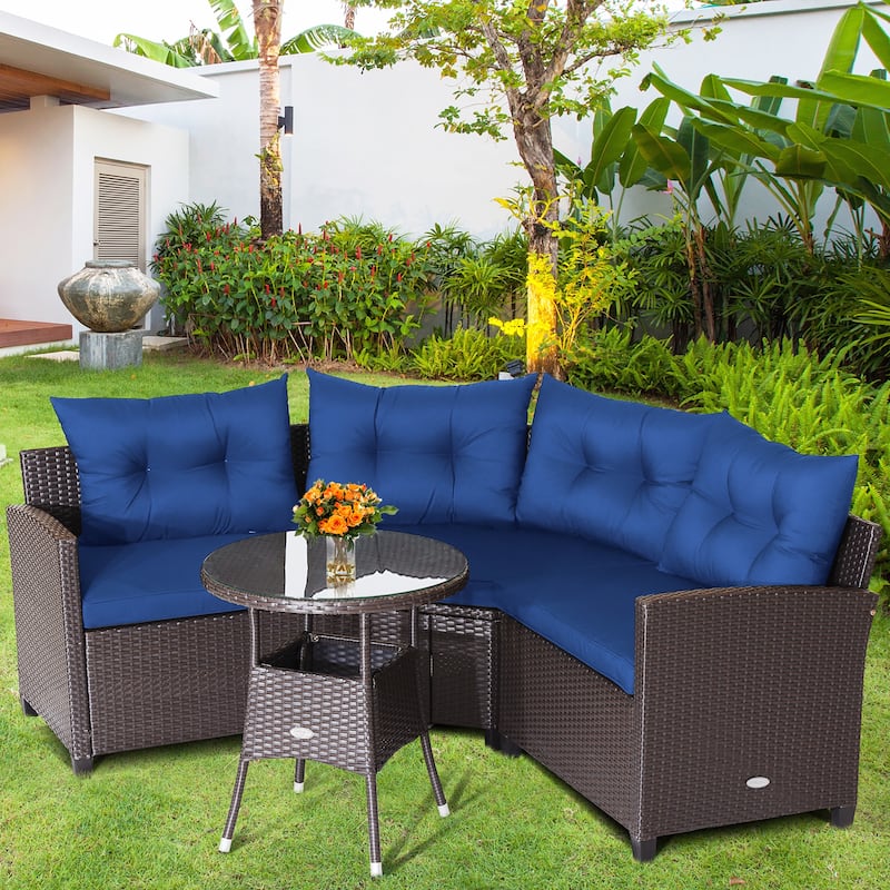 Costway 4PCS Patio Rattan Furniture Set Cushioned Sofa Glass Table - 49.5" x 23" x 29" - Navy