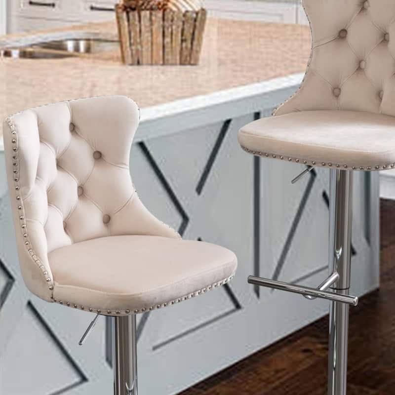 Velvet Upholstered Nailheads Tufted Swivel Bar Stools (Set of 6)