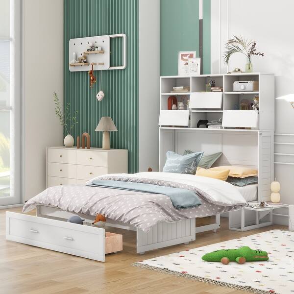 slide 2 of 7, Queen Size Murphy Bed with Bookcase, Bedside Shelves and a Drawer White